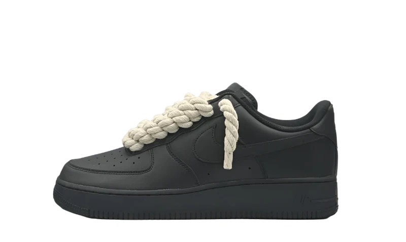NIKE AIR FORCE 1 LOW TRIPLE BLACK BEIGE ROPE LACES